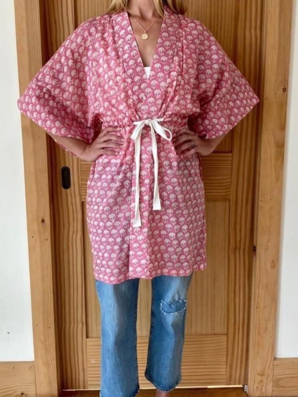 Emerson fry crescent flower bon pink tie robe XS/S organic cotton $148 retail